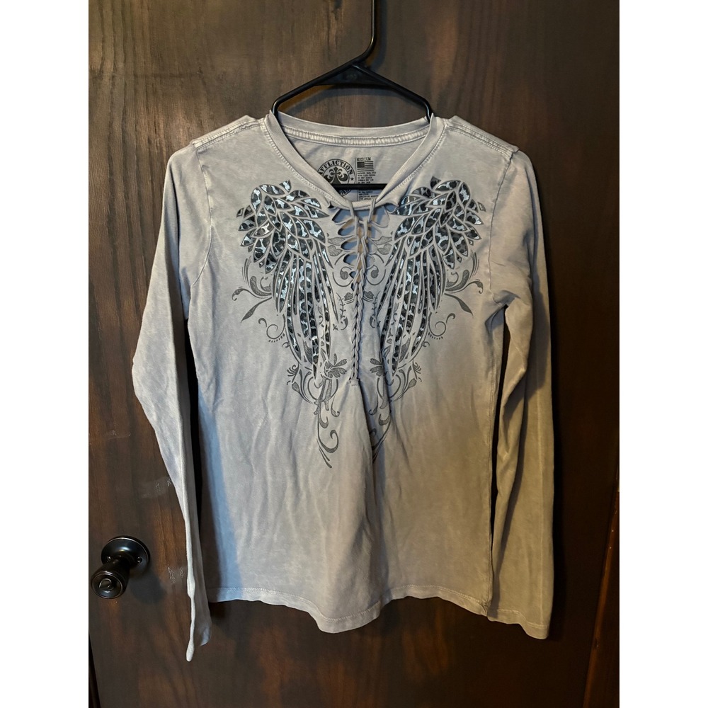 Affliction Womens Gray Lace Up Wing Leopard Graphic Long Sleeve Shirt Medium